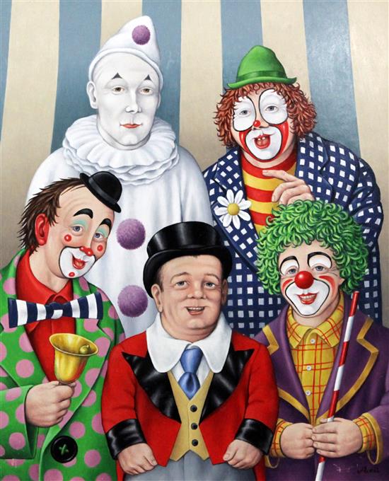 Fred Aris (1932-1995) Circus clowns and ringmaster, 19.5 x 16.5in.